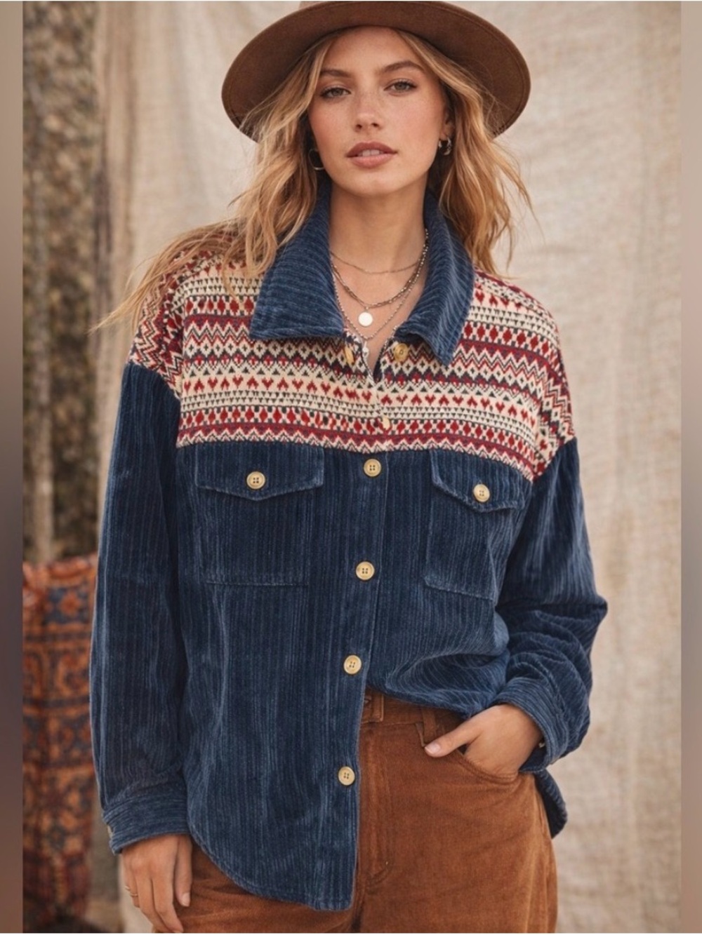 Corduroy Fair Isle Button-Up Jacket in Navy